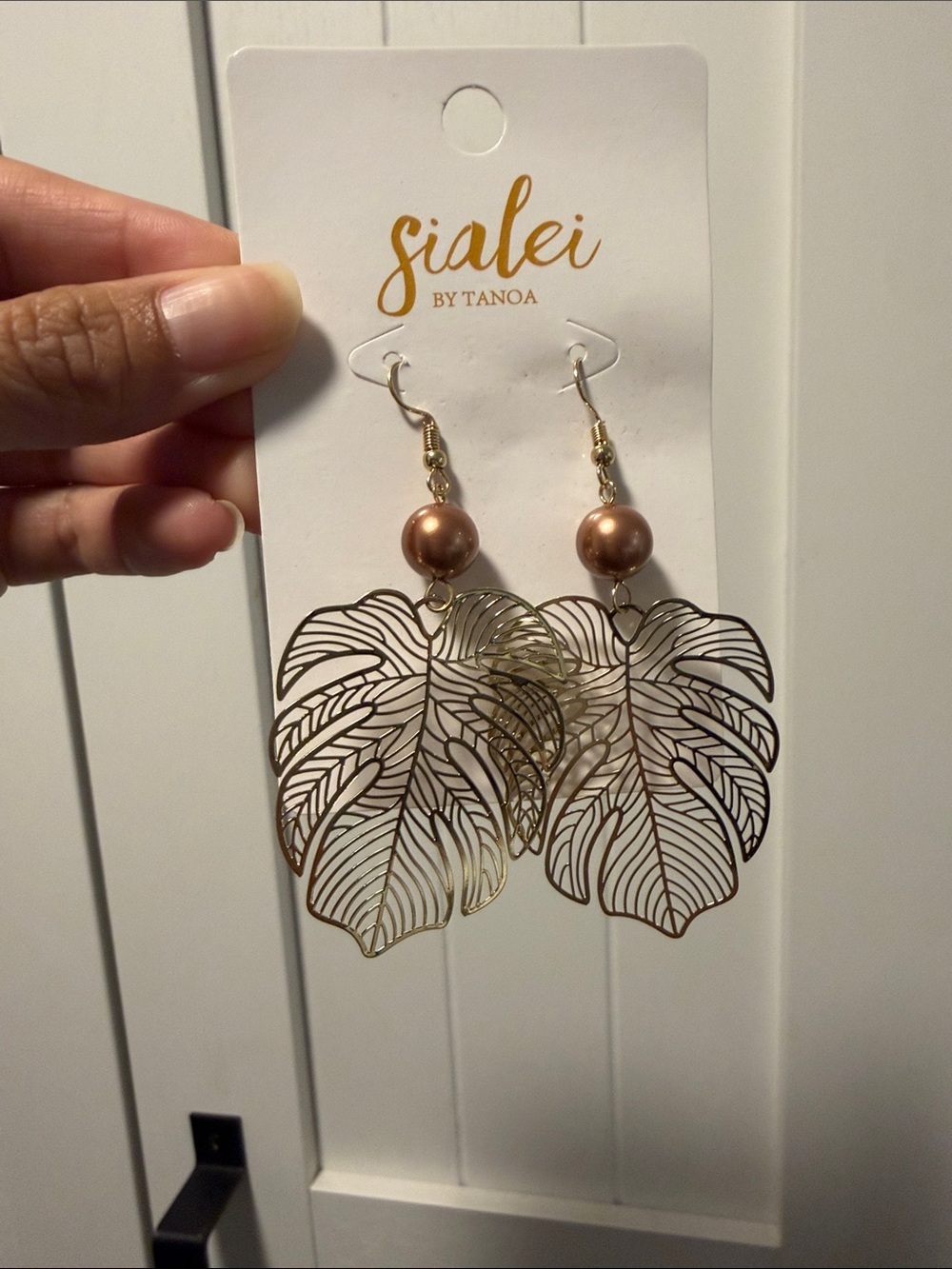 Sialei by Tanoa Monstera Drop Earrings with Rose Gold Pearl Accent